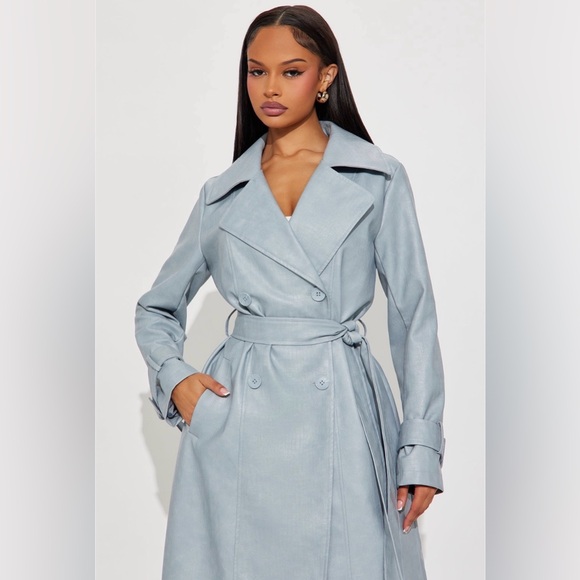 NWT. Fashion Nova Holland Croc Embossed Faux Leather Trench Coat In Grey/Blue. - Picture 3 of 6